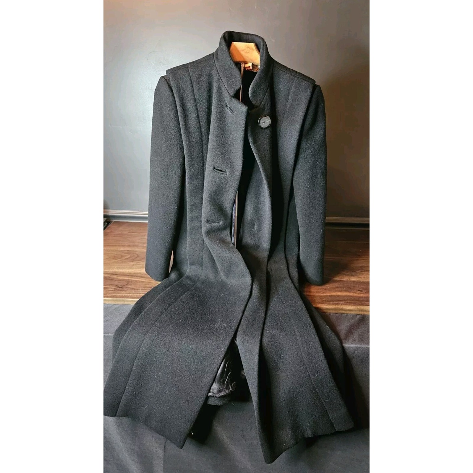 Vintage 1960s Trigere Coat Black Wool Trench Size 6 Womens Workers Union